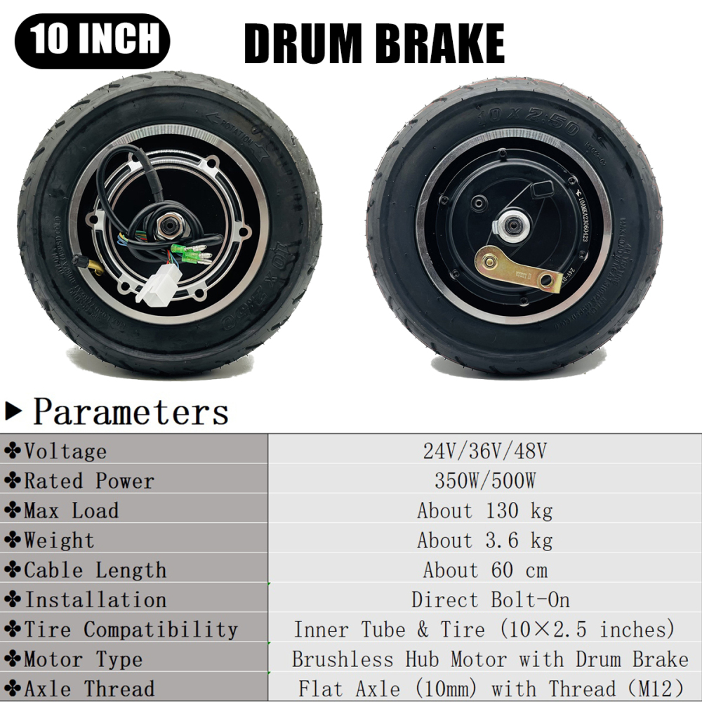 36V48V 500W Electric Scooter Hub Motor 10inch Brushless Drum Brake Hub Motor E Bike Motor 350W Split Skateboard Motor Rear Wheel