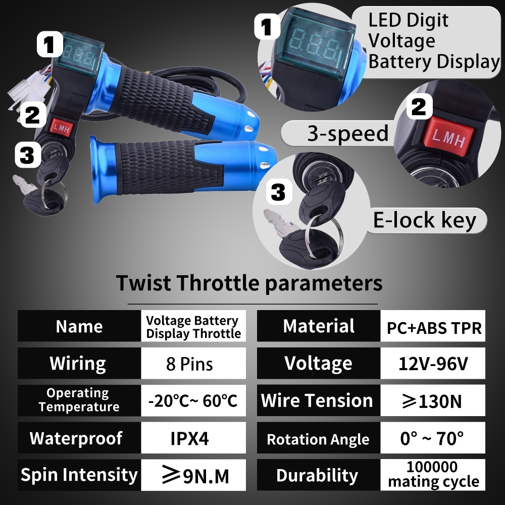 New 3-Speed E-Bike Throttle with LED Display - 12V-96V for Electric Bike,Scooter,Motorcycle 3-in-1 Ignition Lock