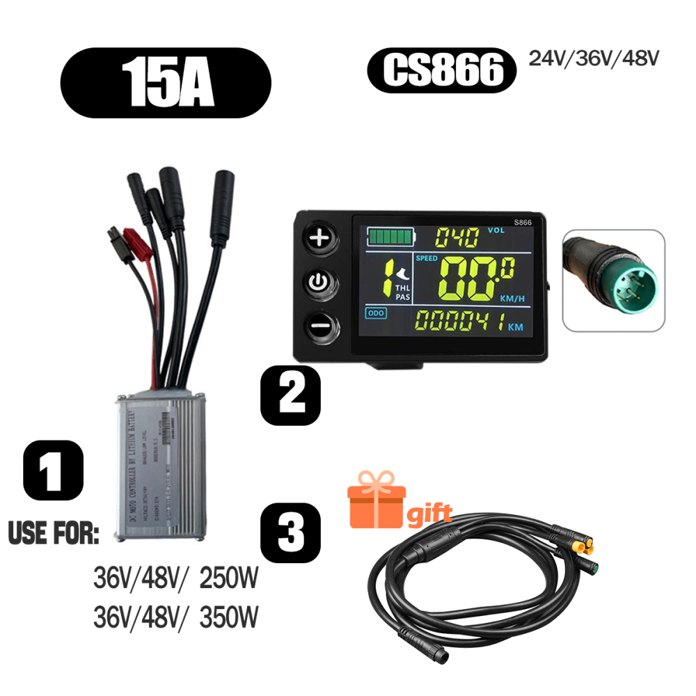 Ebike Conversion Parts 36V 48V 500W Ebike Controller 15A 22A with S966 NFC Display TFT UKC1 Display Waterproof Connector