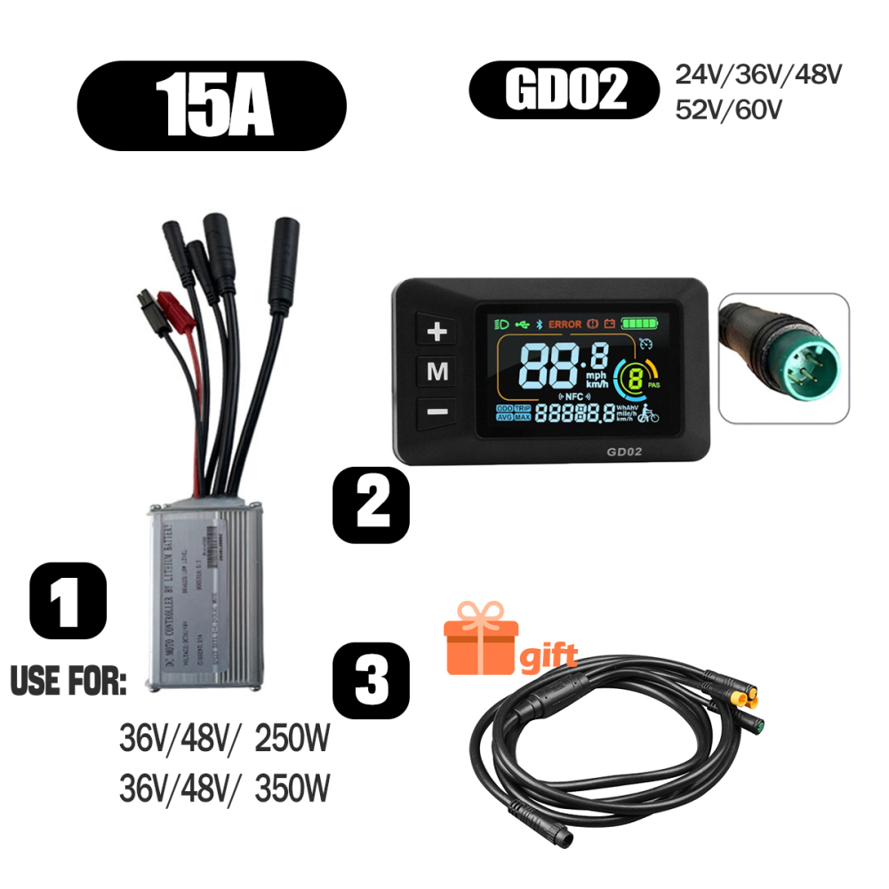 Ebike Conversion Parts 36V 48V 500W Ebike Controller 15A 22A with S966 NFC Display TFT UKC1 Display Waterproof Connector