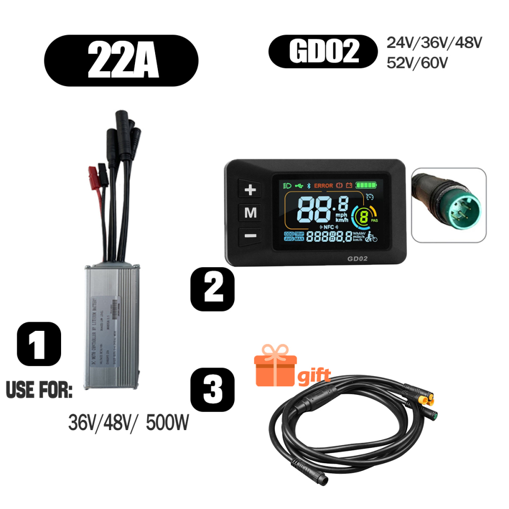 Ebike Conversion Parts 36V 48V 500W Ebike Controller 15A 22A with S966 NFC Display TFT UKC1 Display Waterproof Connector