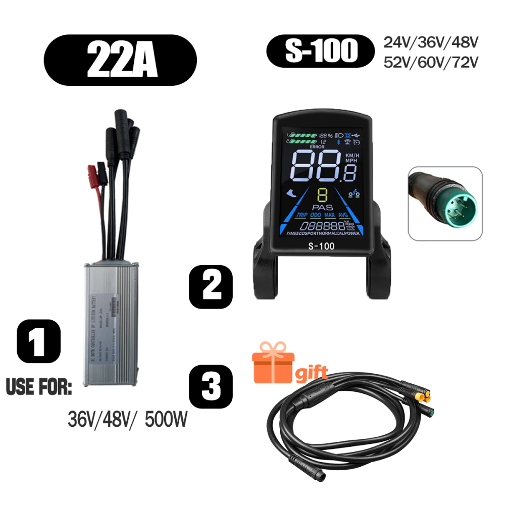 Ebike Conversion Parts 36V 48V 500W Ebike Controller 15A 22A with S966 NFC Display TFT UKC1 Display Waterproof Connector