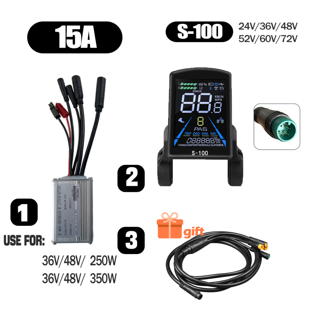 Ebike Conversion Parts 36V 48V 500W Ebike Controller 15A 22A with S966 NFC Display TFT UKC1 Display Waterproof Connector