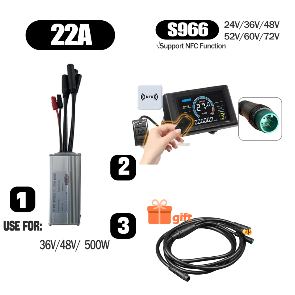 Ebike Conversion Parts 36V 48V 500W Ebike Controller 15A 22A with S966 NFC Display TFT UKC1 Display Waterproof Connector