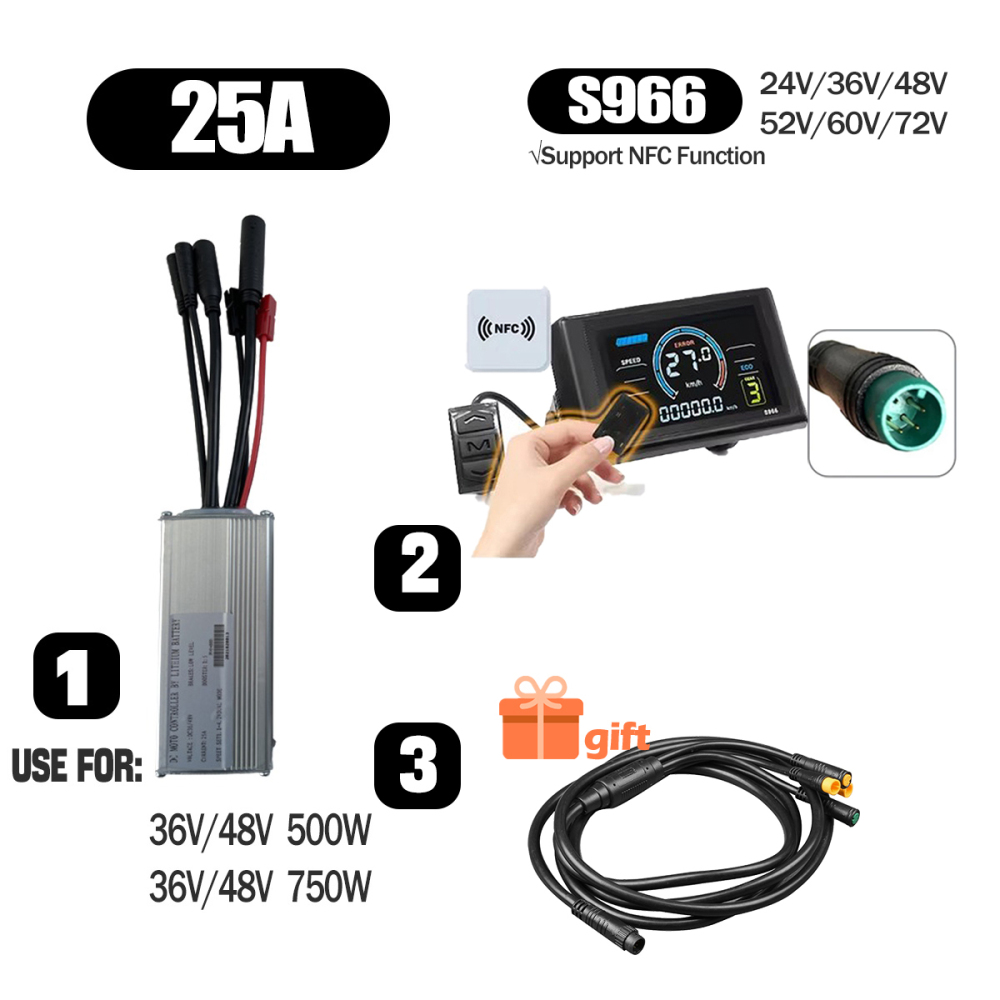 Ebike Conversion Parts 36V 48V 500W Ebike Controller 15A 22A with S966 NFC Display TFT UKC1 Display Waterproof Connector