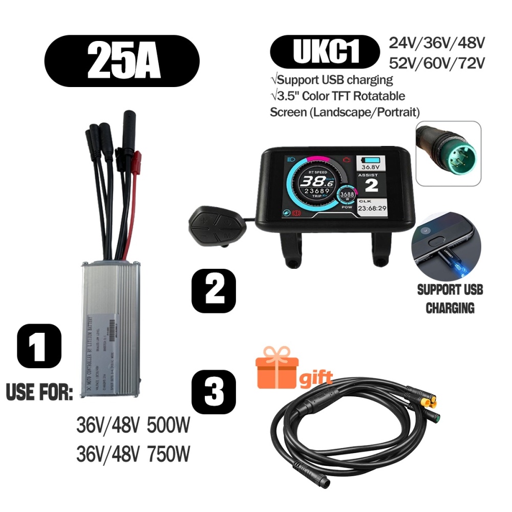 Ebike Conversion Parts 36V 48V 500W Ebike Controller 15A 22A with S966 NFC Display TFT UKC1 Display Waterproof Connector