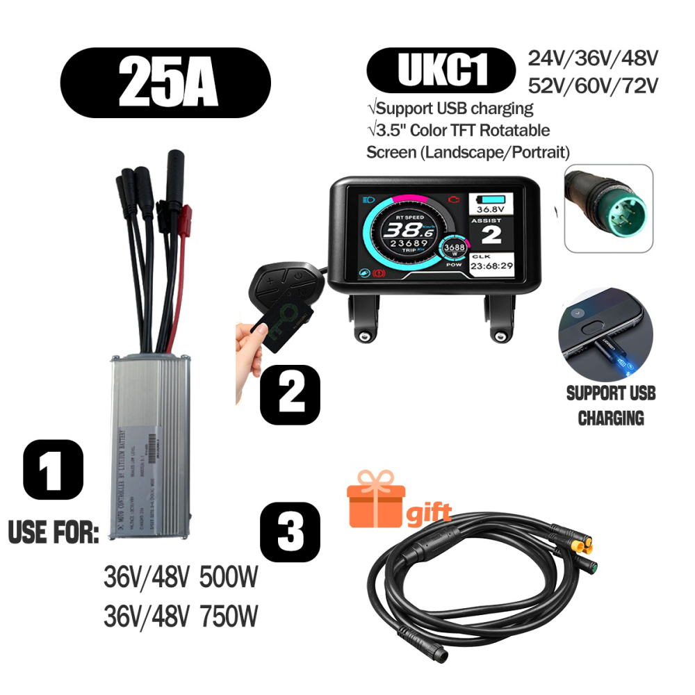 Ebike Conversion Parts 36V 48V 500W Ebike Controller 15A 22A with S966 NFC Display TFT UKC1 Display Waterproof Connector