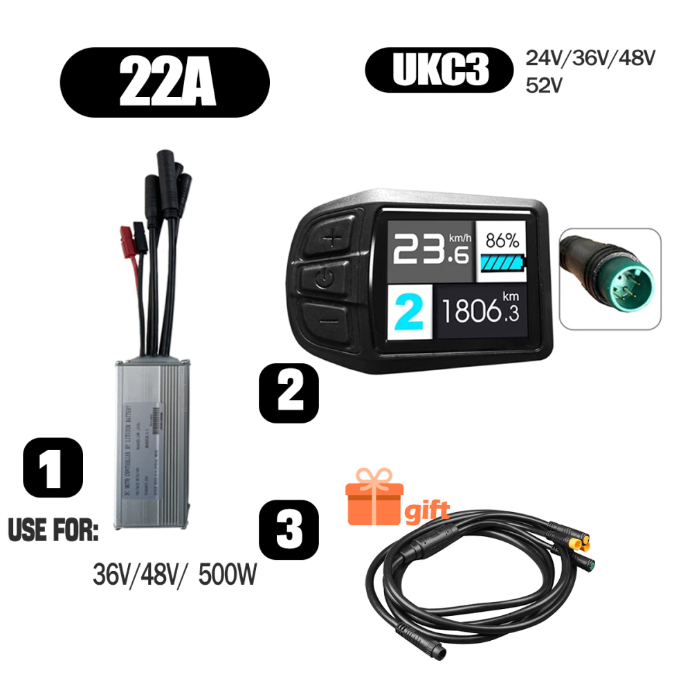 Ebike Conversion Parts 36V 48V 500W Ebike Controller 15A 22A with S966 NFC Display TFT UKC1 Display Waterproof Connector