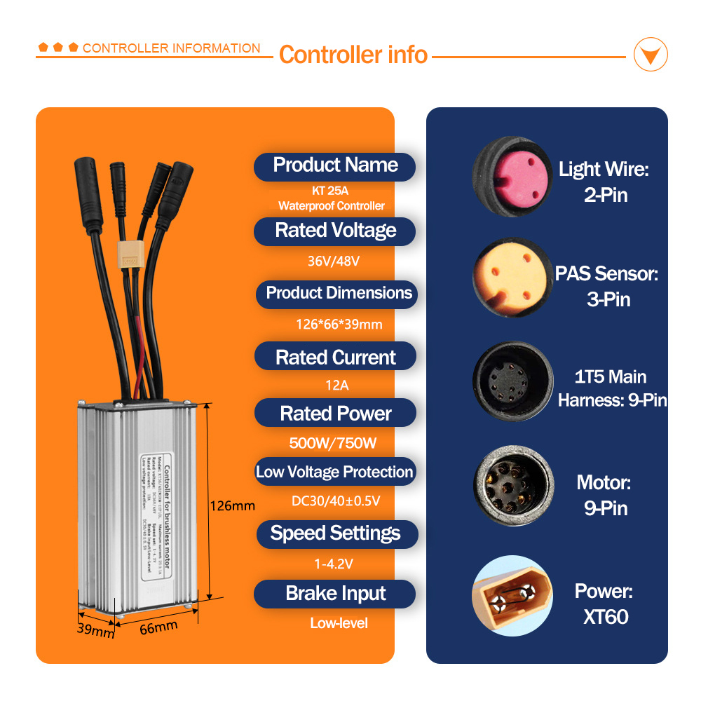 Electric Bike 500W KT Controller 25A Sine Wave with LCD3U LCD5 LCD8HU LCD10H Display 36V 48V 250W 350W Waterproof Connector 1500W 1000W Controller