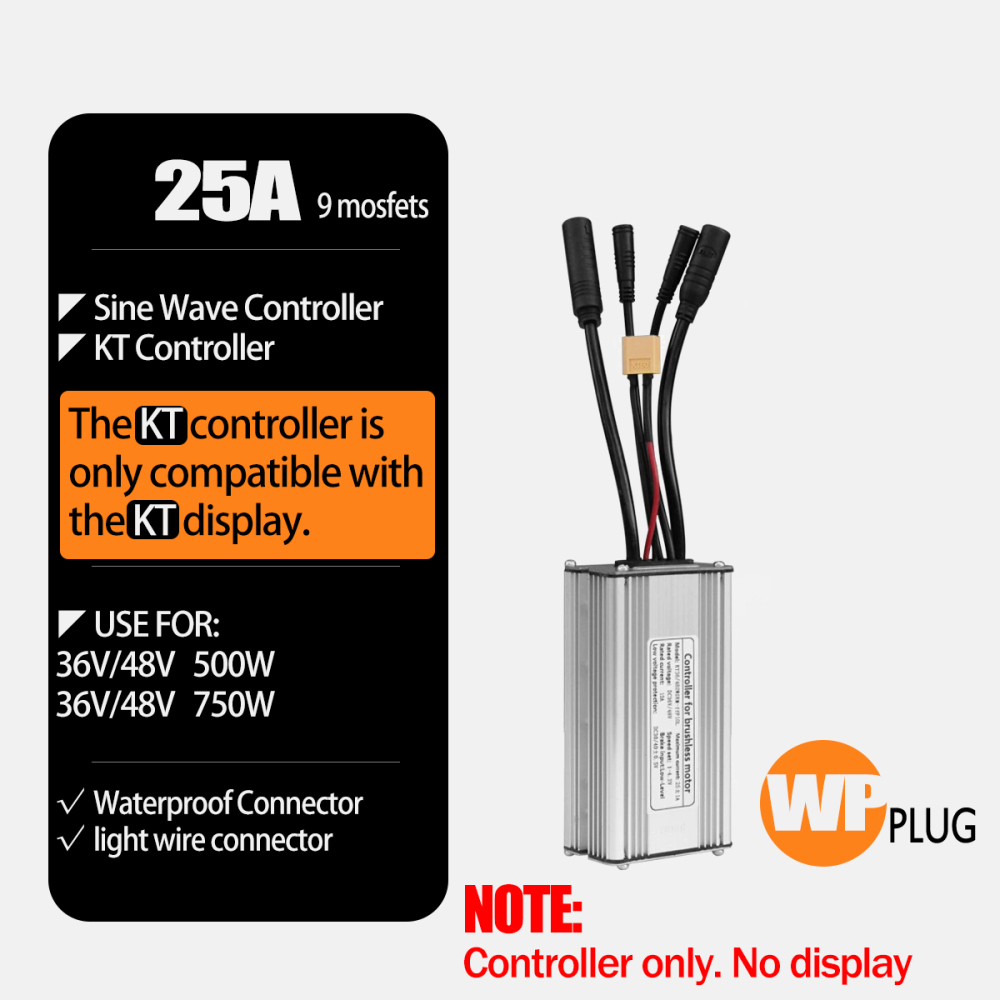 Electric Bike 500W KT Controller 25A Sine Wave with LCD3U LCD5 LCD8HU LCD10H Display 36V 48V 250W 350W Waterproof Connector 1500W 1000W Controller