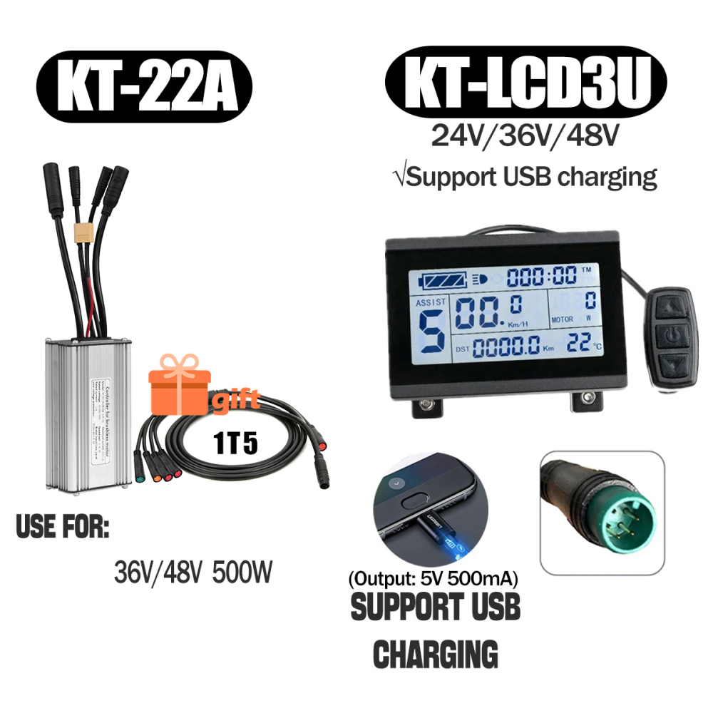 Electric Bike 500W KT Controller 25A Sine Wave with LCD3U LCD5 LCD8HU LCD10H Display 36V 48V 250W 350W Waterproof Connector 1500W 1000W Controller