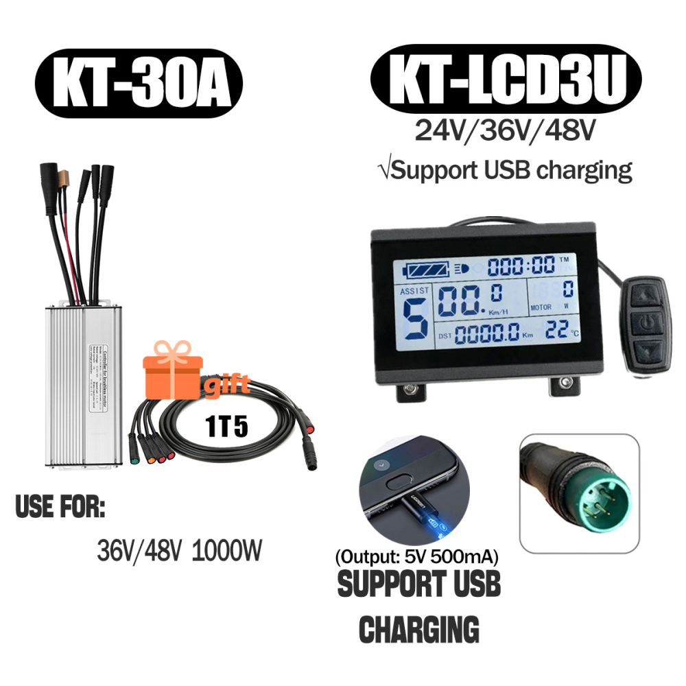 Electric Bike 500W KT Controller 25A Sine Wave with LCD3U LCD5 LCD8HU LCD10H Display 36V 48V 250W 350W Waterproof Connector 1500W 1000W Controller