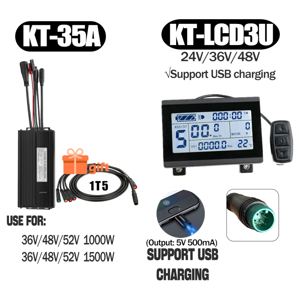 Electric Bike 500W KT Controller 25A Sine Wave with LCD3U LCD5 LCD8HU LCD10H Display 36V 48V 250W 350W Waterproof Connector 1500W 1000W Controller