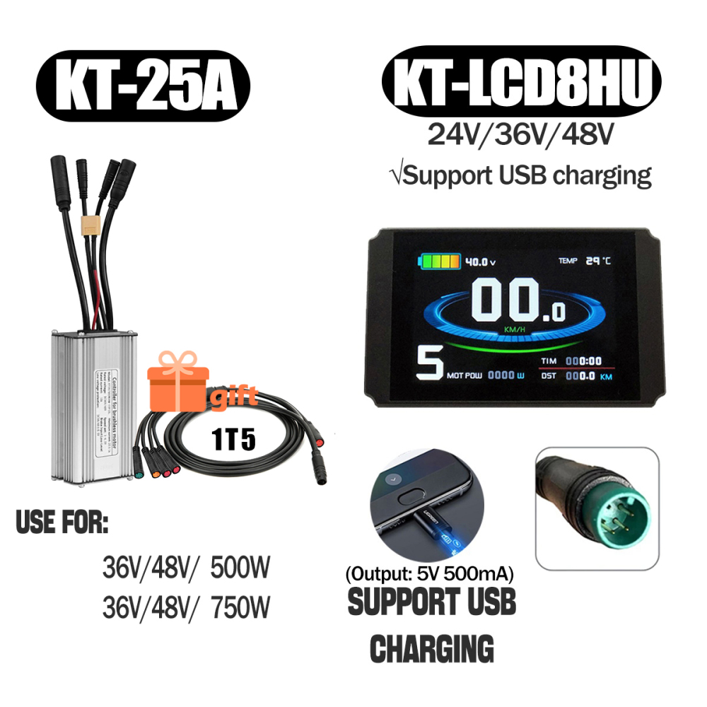 Electric Bike 500W KT Controller 25A Sine Wave with LCD3U LCD5 LCD8HU LCD10H Display 36V 48V 250W 350W Waterproof Connector 1500W 1000W Controller