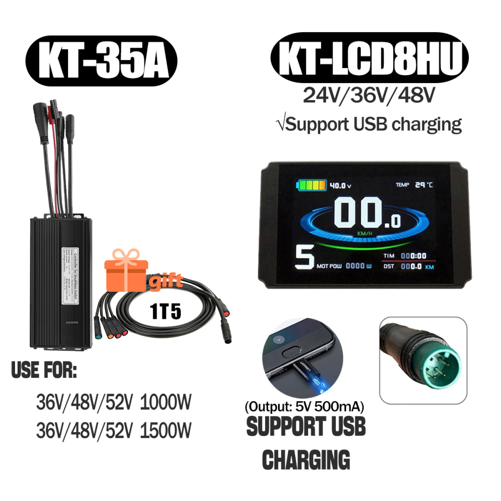 Electric Bike 500W KT Controller 25A Sine Wave with LCD3U LCD5 LCD8HU LCD10H Display 36V 48V 250W 350W Waterproof Connector 1500W 1000W Controller