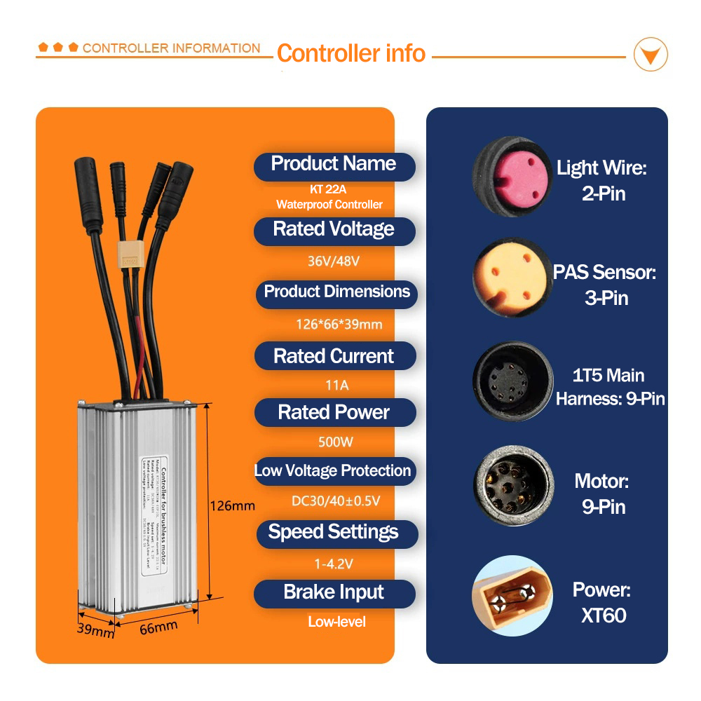 Electric Bike 500W KT Controller 25A Sine Wave with LCD3U LCD5 LCD8HU LCD10H Display 36V 48V 250W 350W Waterproof Connector 1500W 1000W Controller