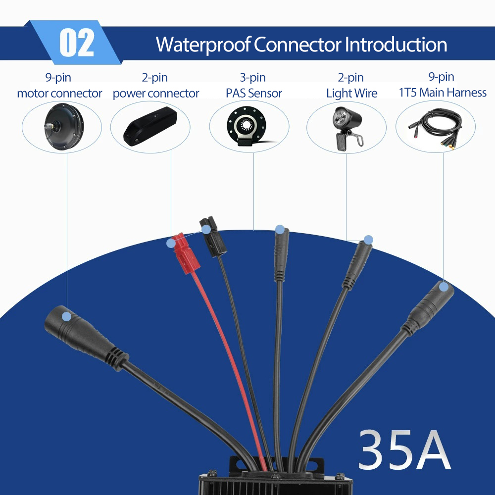 Electric Bike 500W KT Controller 25A Sine Wave with LCD3U LCD5 LCD8HU LCD10H Display 36V 48V 250W 350W Waterproof Connector 1500W 1000W Controller