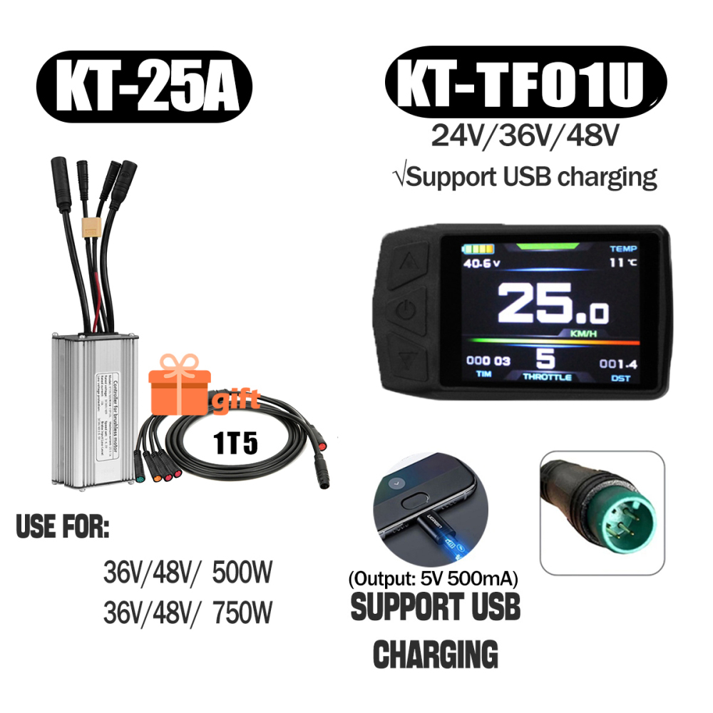 Electric Bike 500W KT Controller 25A Sine Wave with LCD3U LCD5 LCD8HU LCD10H Display 36V 48V 250W 350W Waterproof Connector 1500W 1000W Controller