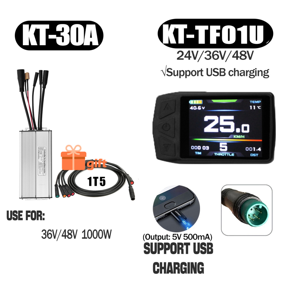 Electric Bike 500W KT Controller 25A Sine Wave with LCD3U LCD5 LCD8HU LCD10H Display 36V 48V 250W 350W Waterproof Connector 1500W 1000W Controller
