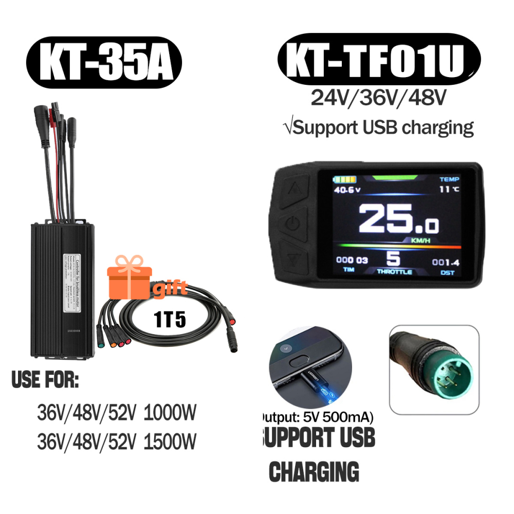 Electric Bike 500W KT Controller 25A Sine Wave with LCD3U LCD5 LCD8HU LCD10H Display 36V 48V 250W 350W Waterproof Connector 1500W 1000W Controller