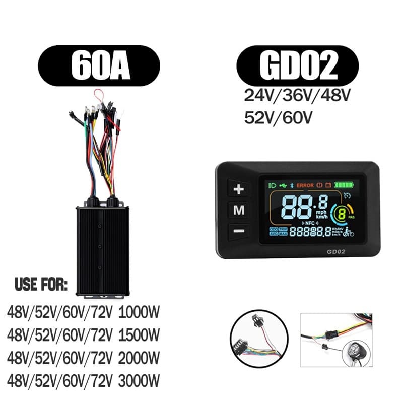 Ebike Controller 1000W-3000W Controller 48V 52V 60V 72V for Electric Bike S966 NFC UKC1 Display Kit E Scooter Sine Wave Controller 60A 100A
