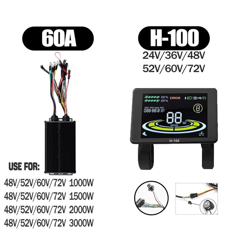 Ebike Controller 1000W-3000W Controller 48V 52V 60V 72V for Electric Bike S966 NFC UKC1 Display Kit E Scooter Sine Wave Controller 60A 100A