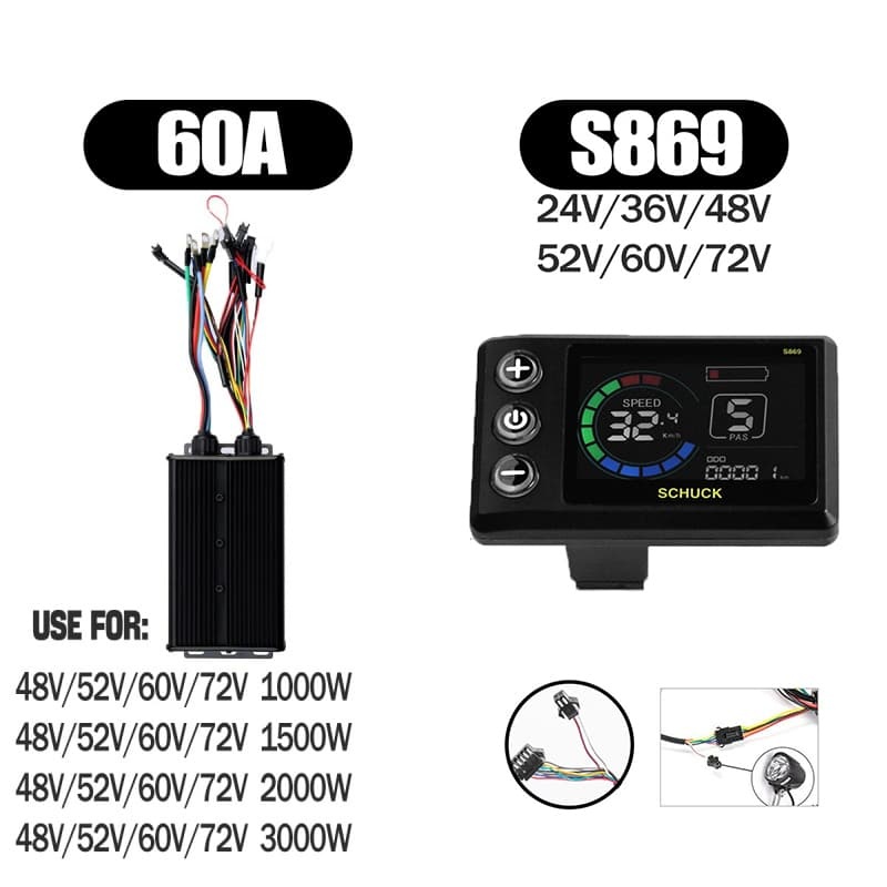 Ebike Controller 1000W-3000W Controller 48V 52V 60V 72V for Electric Bike S966 NFC UKC1 Display Kit E Scooter Sine Wave Controller 60A 100A