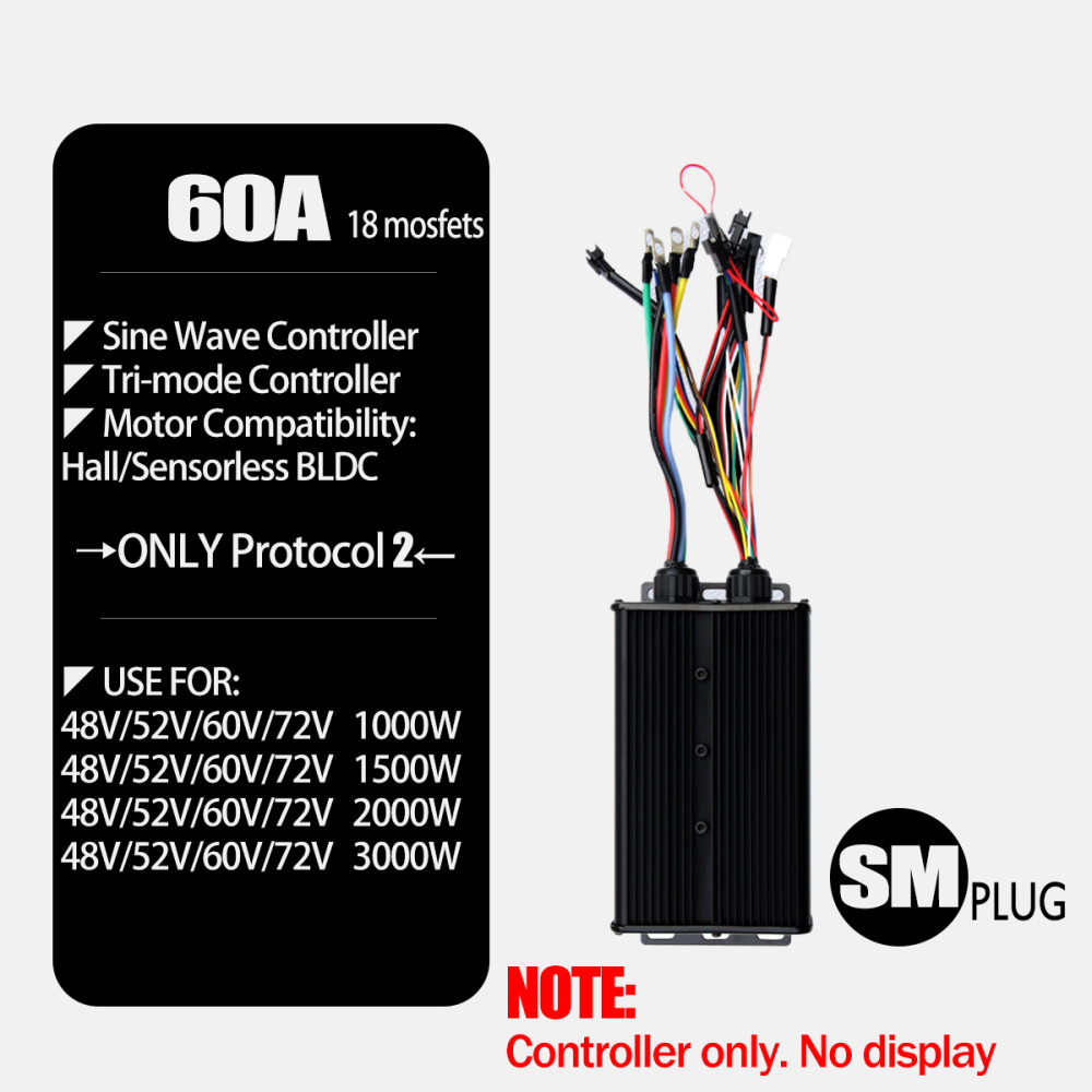 Ebike Controller 1000W-3000W Controller 48V 52V 60V 72V for Electric Bike S966 NFC UKC1 Display Kit E Scooter Sine Wave Controller 60A 100A