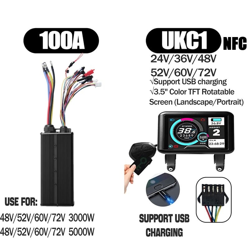 Ebike Controller 1000W-3000W Controller 48V 52V 60V 72V for Electric Bike S966 NFC UKC1 Display Kit E Scooter Sine Wave Controller 60A 100A