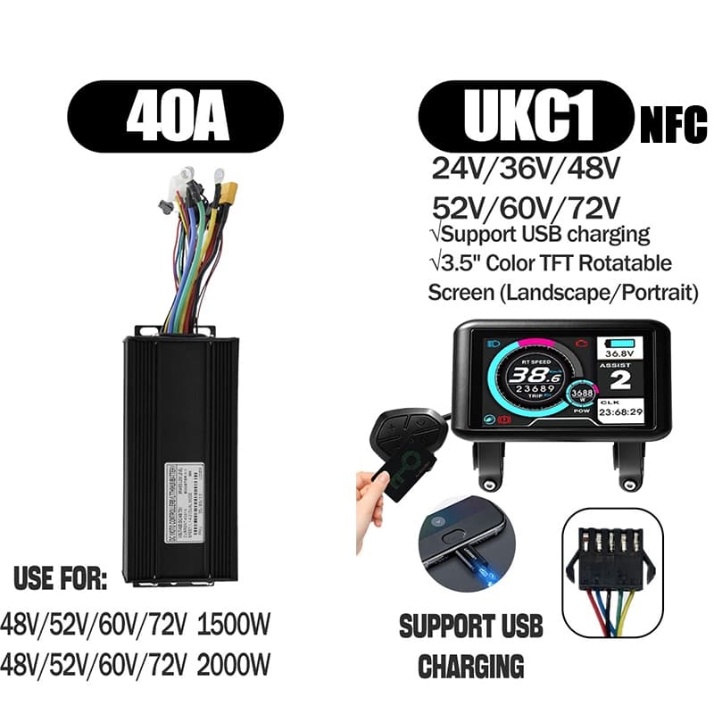 Ebike Controller 1000W-3000W Controller 48V 52V 60V 72V for Electric Bike S966 NFC UKC1 Display Kit E Scooter Sine Wave Controller 60A 100A