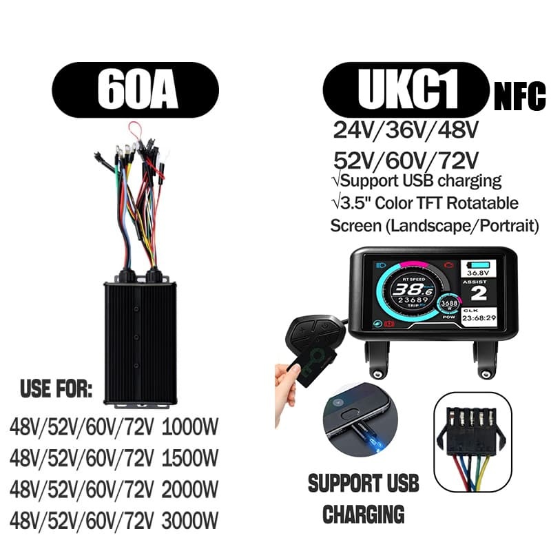 Ebike Controller 1000W-3000W Controller 48V 52V 60V 72V for Electric Bike S966 NFC UKC1 Display Kit E Scooter Sine Wave Controller 60A 100A