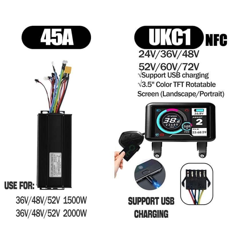 Ebike Controller 1000W-3000W Controller 48V 52V 60V 72V for Electric Bike S966 NFC UKC1 Display Kit E Scooter Sine Wave Controller 60A 100A