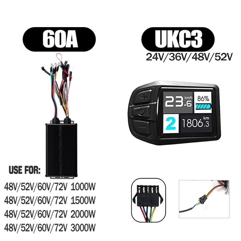 Ebike Controller 1000W-3000W Controller 48V 52V 60V 72V for Electric Bike S966 NFC UKC1 Display Kit E Scooter Sine Wave Controller 60A 100A
