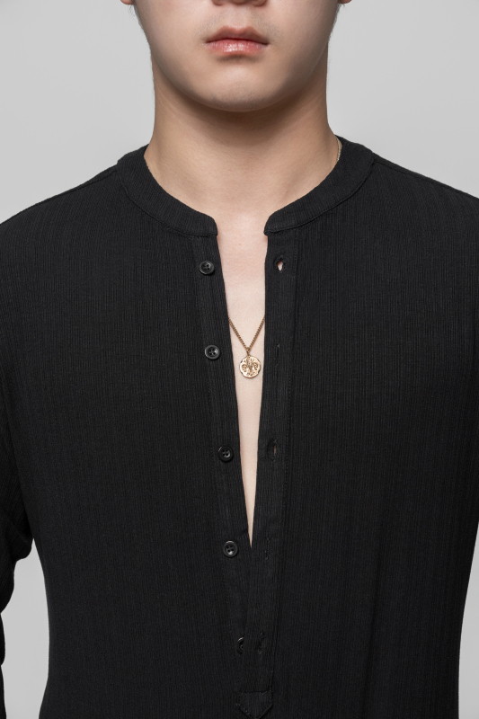 Men's Beauty Strip Button Top (Black)
