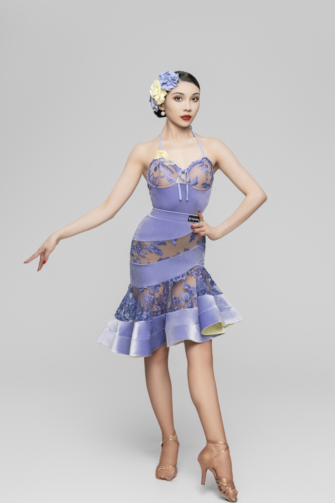 Velvet stitching roses Embroidered Latin skirt（Violets）