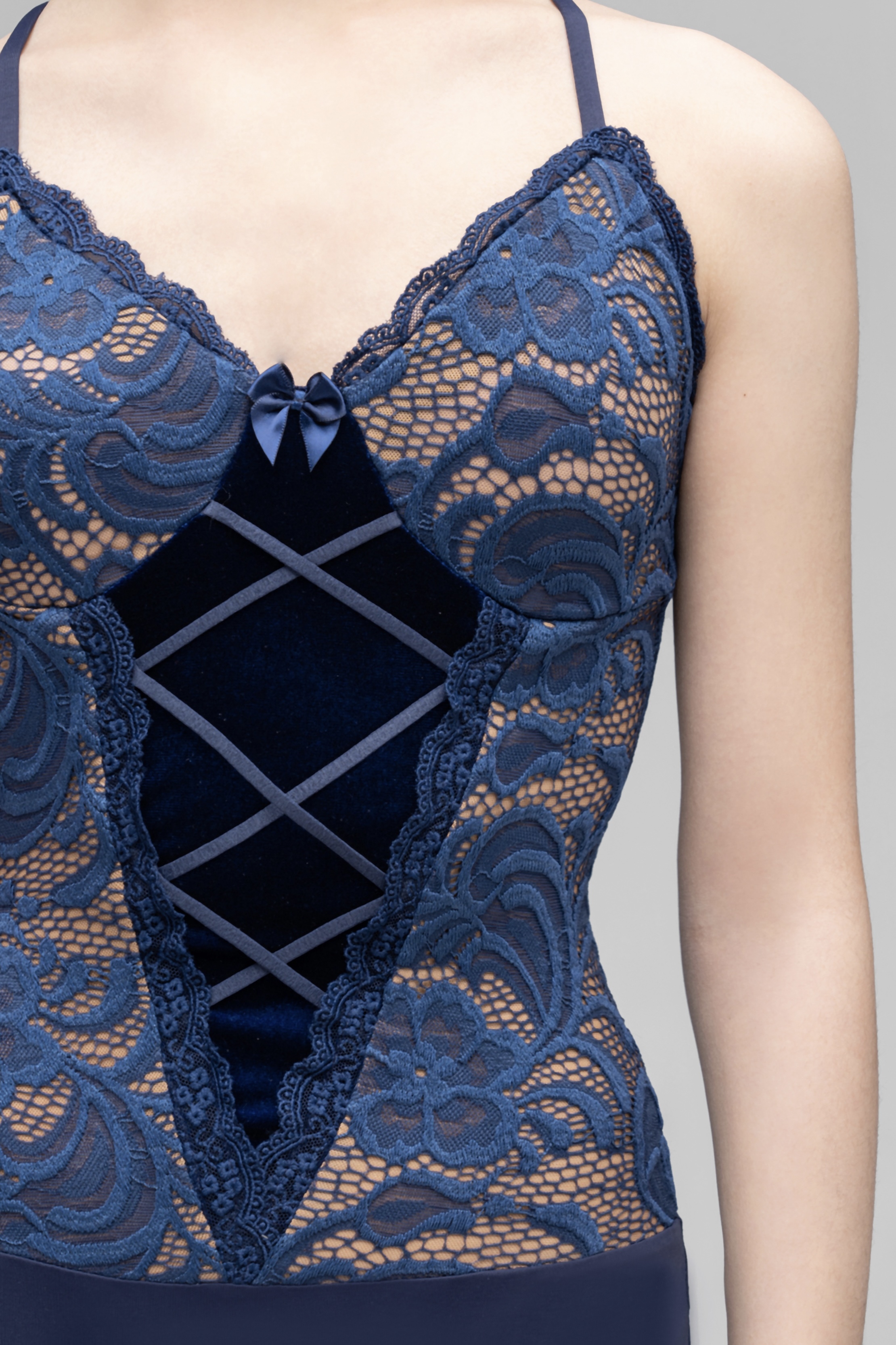Lace back cross strap bodysuit (With Hair Accessories / Navy Blue )