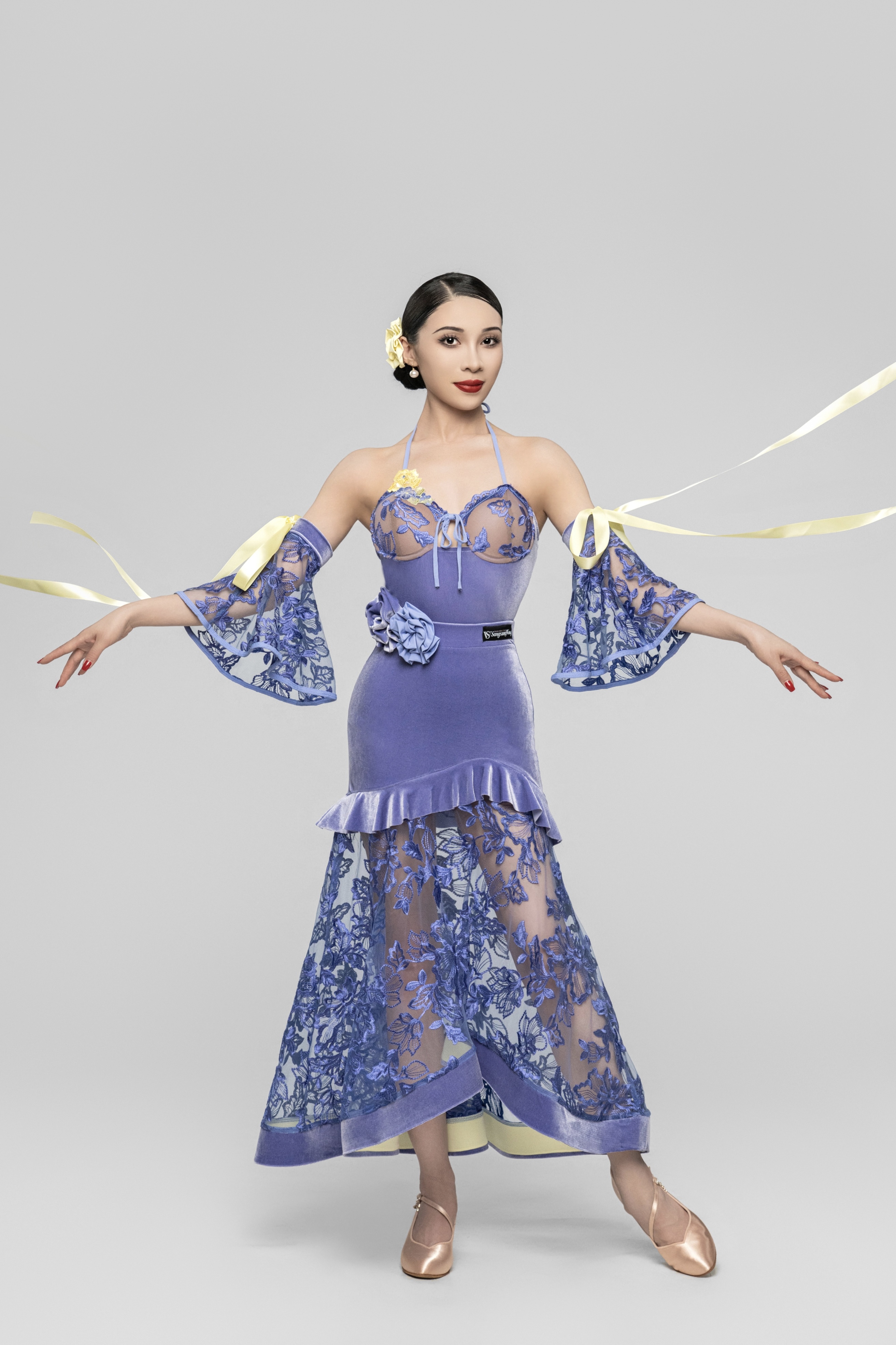 Velvet stitching roses Embroidered Modern skirt（Violets / With Sleeve Decoration）