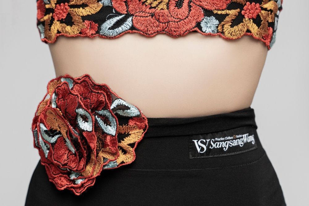 Embroidered Red Flower Swing skirt(Black)