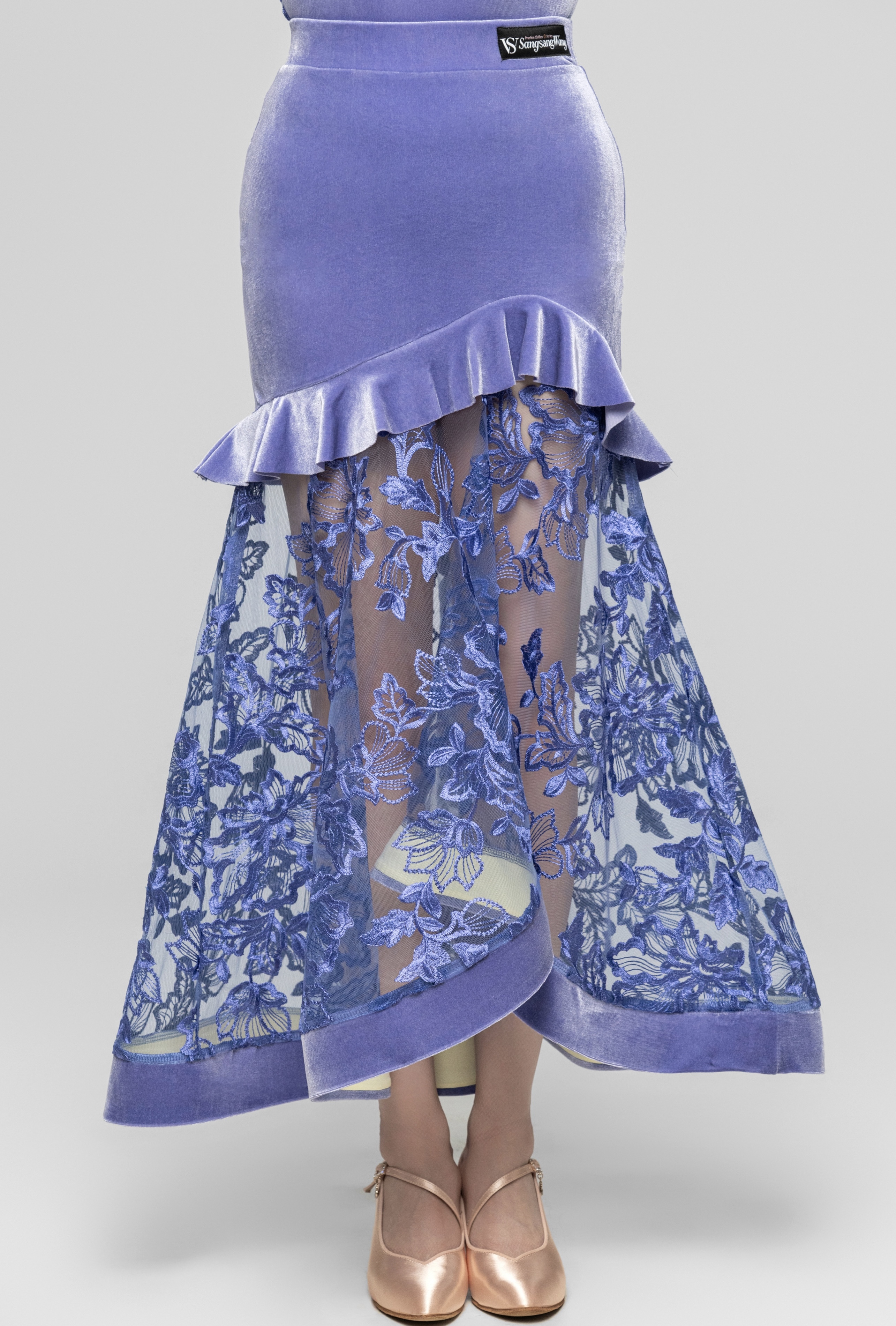 Velvet stitching roses Embroidered Modern skirt（Violets / With Sleeve Decoration）