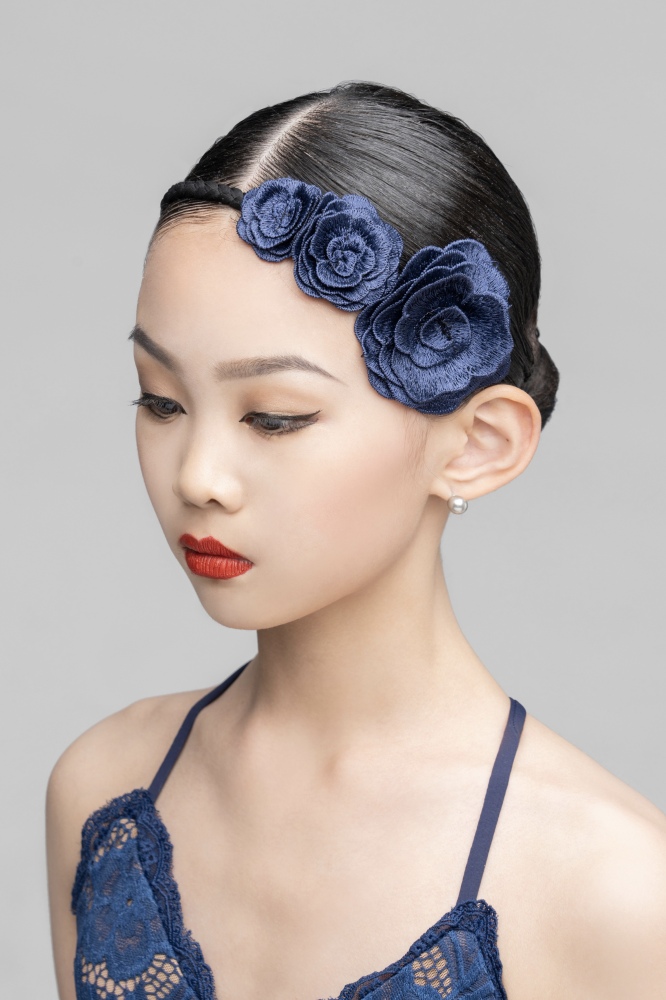Lace back cross strap bodysuit (With Hair Accessories / Navy Blue )