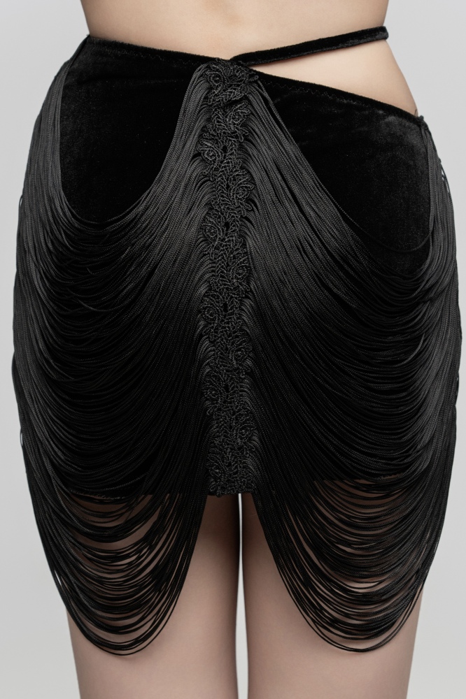Velvet slanted belt hanging tassels skirt(Black)