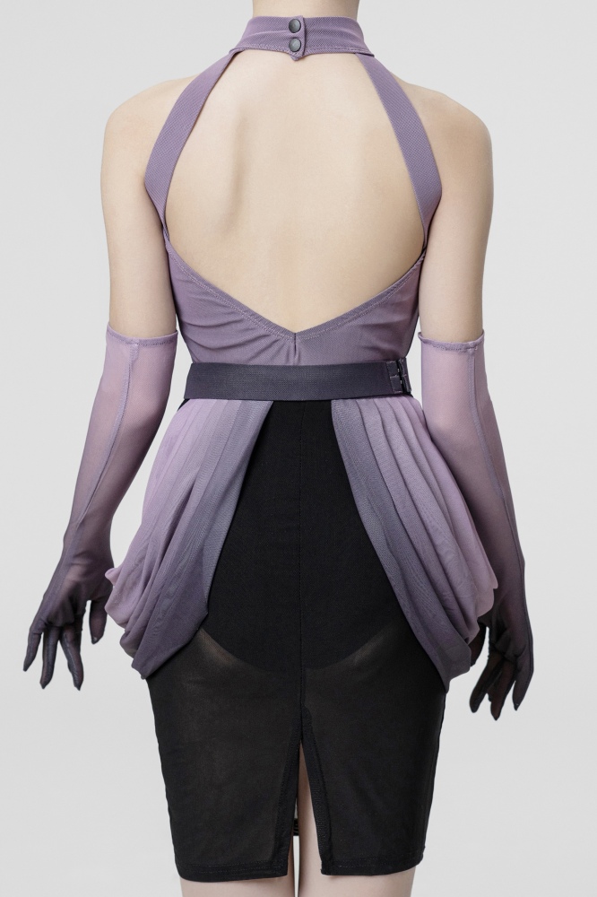 Pink gradient Short sleeveless open-back gauze dress（With Headband、Gloves）