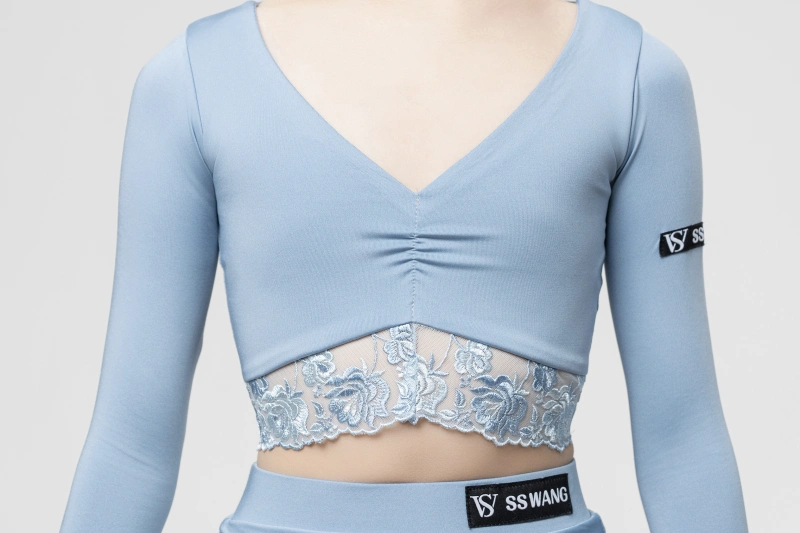 lace-trimmed Long Sleeve short top skirt suit(Blue)