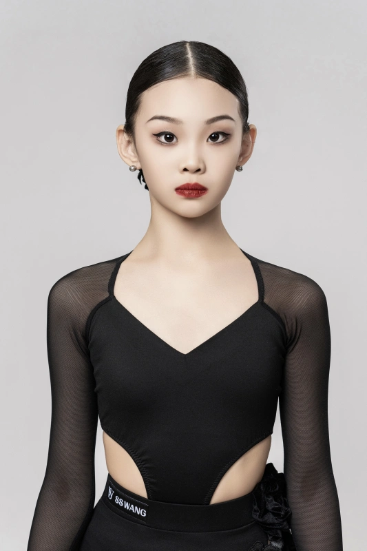 Peach heart open waist gauze Long sleeves Bodysuit（Black）