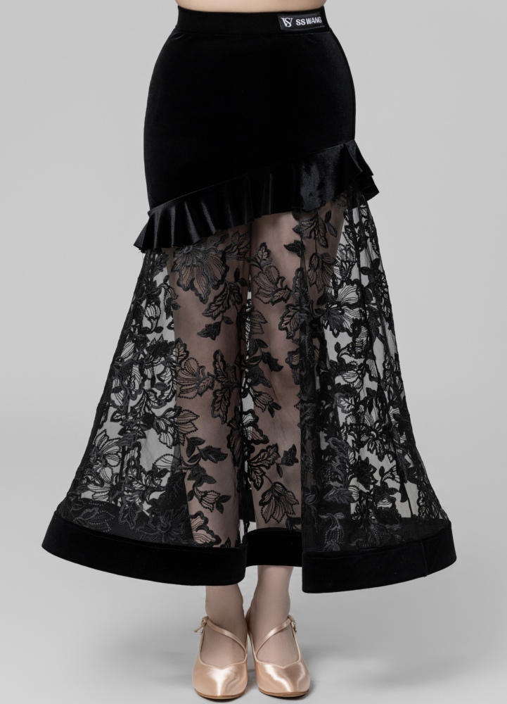 Velvet stitching roses Embroidered Modern skirt（Black/ With Sleeve Decoration）