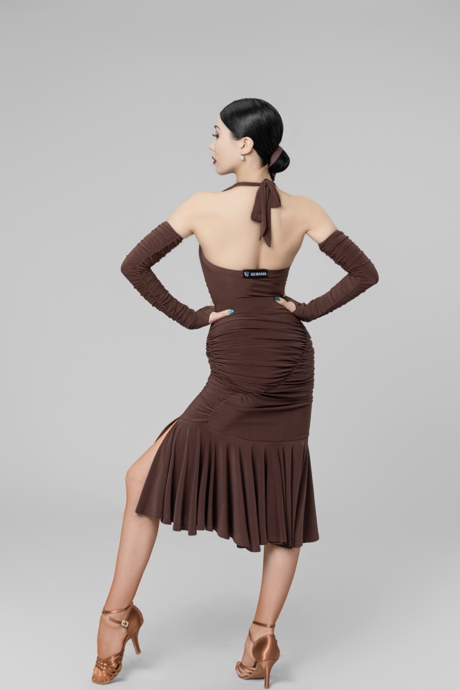 Halterneck pleated glove sleeves Bodysuit（Chocolate color）