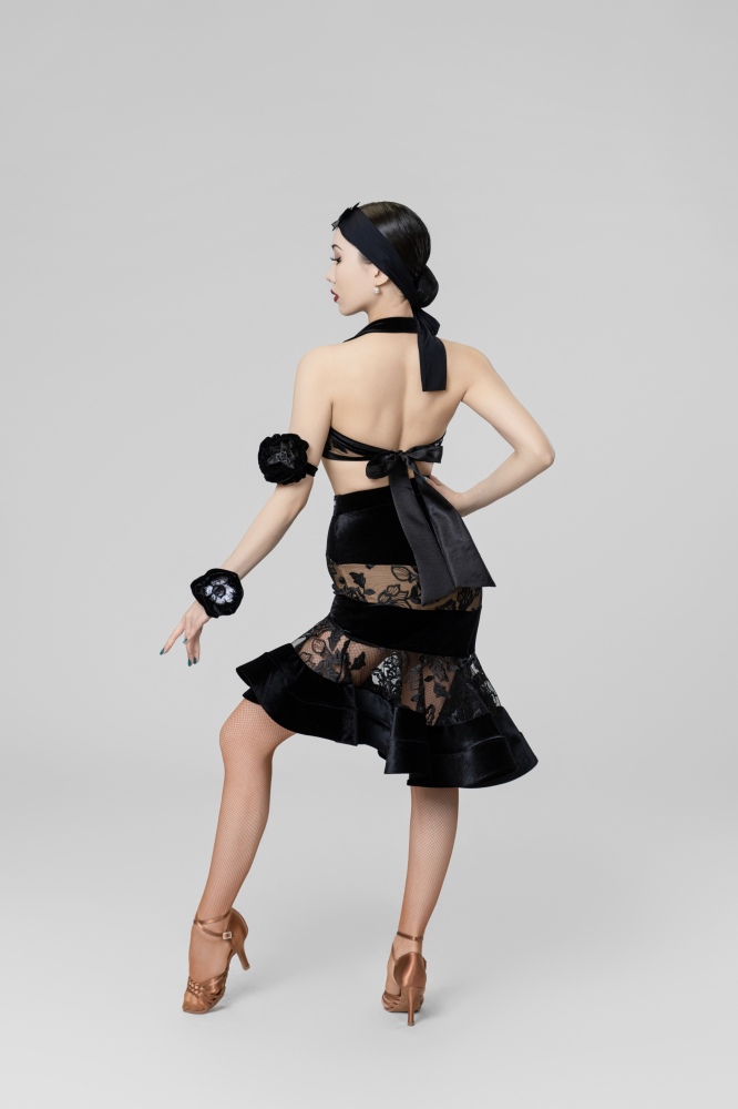 Velvet panels  with rose embroidery Latin skirt（Black）