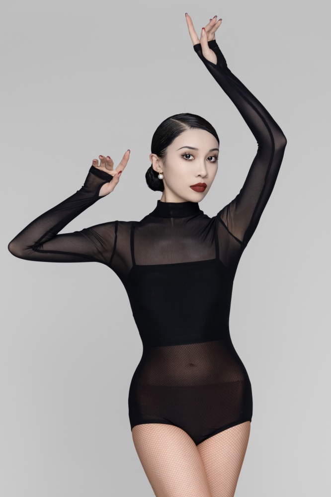 Gauze high collar long sleeve bodysuit（With suspender）