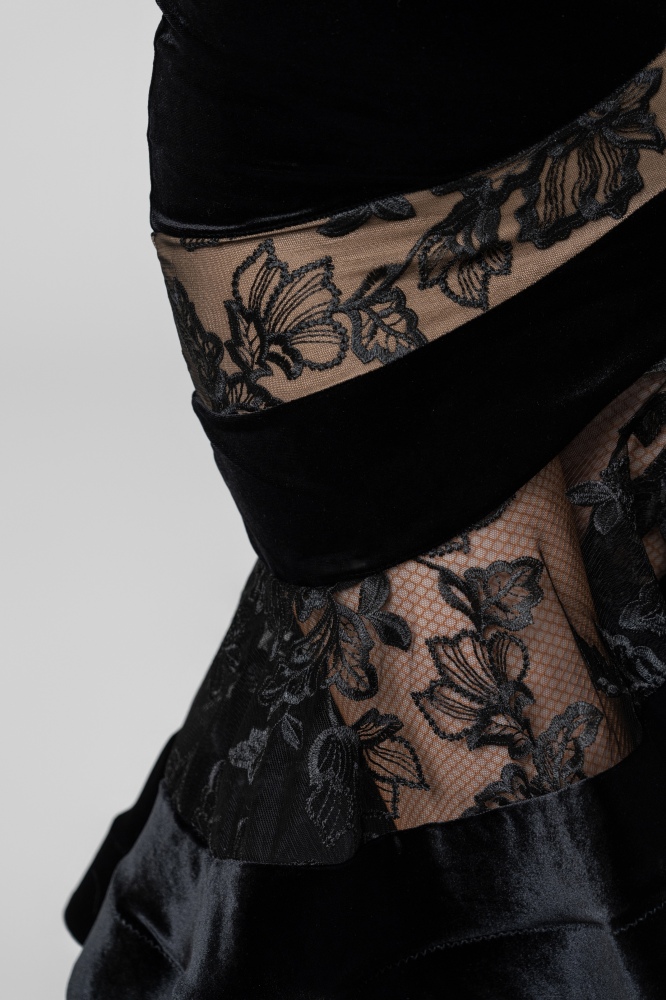 Velvet panels  with rose embroidery Latin skirt（Black）