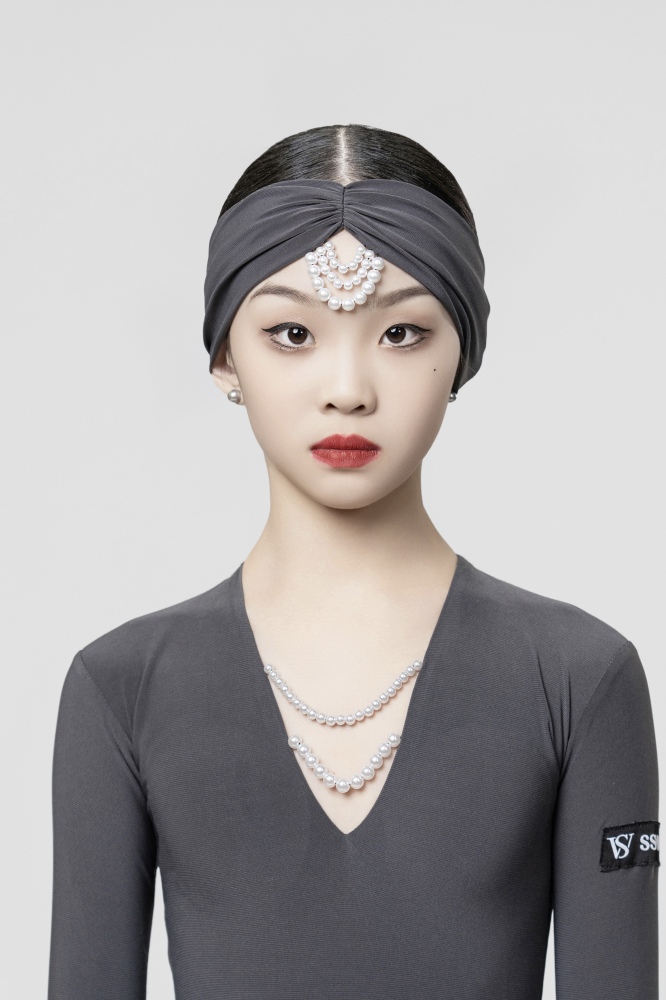 V-neck Long Pearl Sleeve Suit（Gray/With headband）